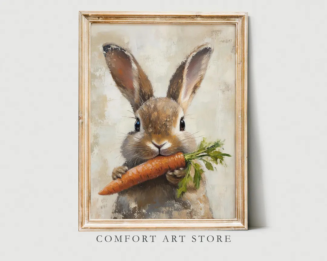 Easter Bunny Print Cute Easter Rabbit Neutral Spring Flower Easter Bunny & Carrot Nursery Wall Ar... | Etsy (US)