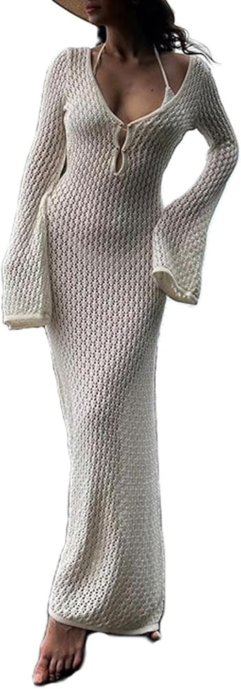Women Long Knit Dress Deep V-Neck Long Sleeve Sexy Going Out Dress Fall Backless Holiday Beachwea... | Amazon (US)