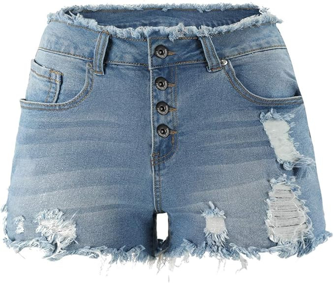 THUNDER STAR Ripped Jean Shorts for Women Mid Rise Frayed Raw Hem Stretchy Denim Shorts | Amazon (US)