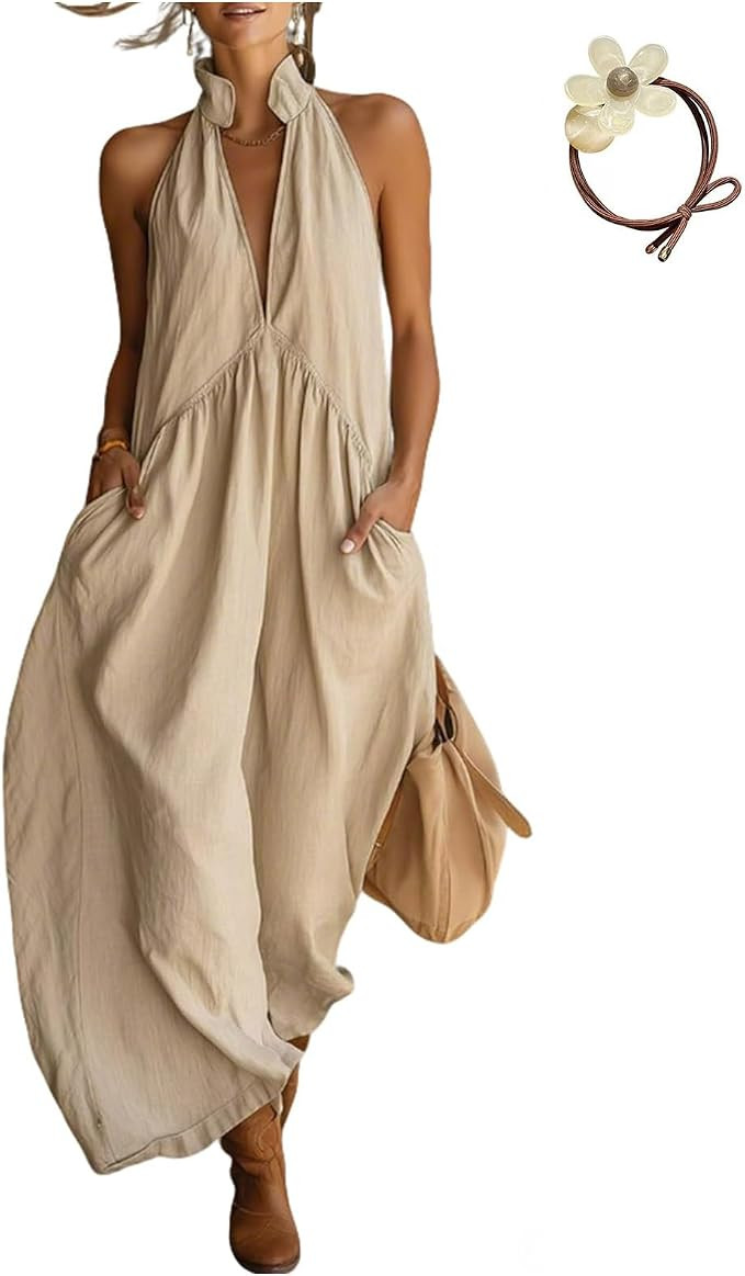 2026 Minimalist Halter Neck Maxi Dress, Casual Loose Fit Summer Dress with Pockets for Women, Com... | Amazon (US)