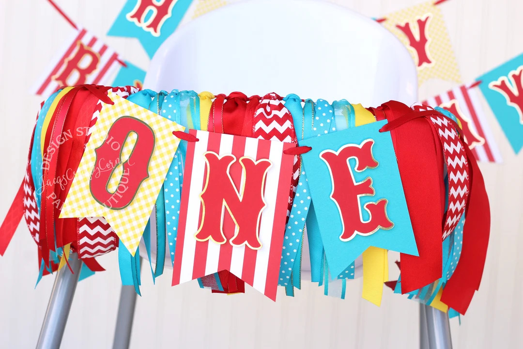 Carnival Circus High Chair Birthday Banner and Ribbon Garland Set Red White Turquoise Yellow and ... | Etsy (US)