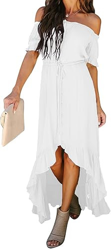 Happy Sailed Women Off Shoulder Casual Maxi Dresses Short Sleeve High Low Ruffle Bridesmaid Eveni... | Amazon (US)