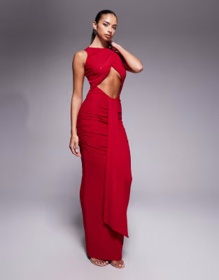 Murci exclusive slash neck crossover front cut out drape detail sleeveless maxi dress in red | ASOS (Global)
