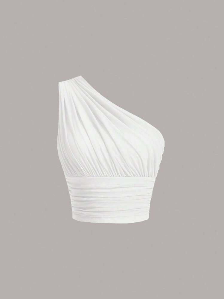 SHEIN MOD White Club Women Outfits Asymmetrical One Shoulder Ruched Top,Ladies Casual Asymmetrica... | SHEIN