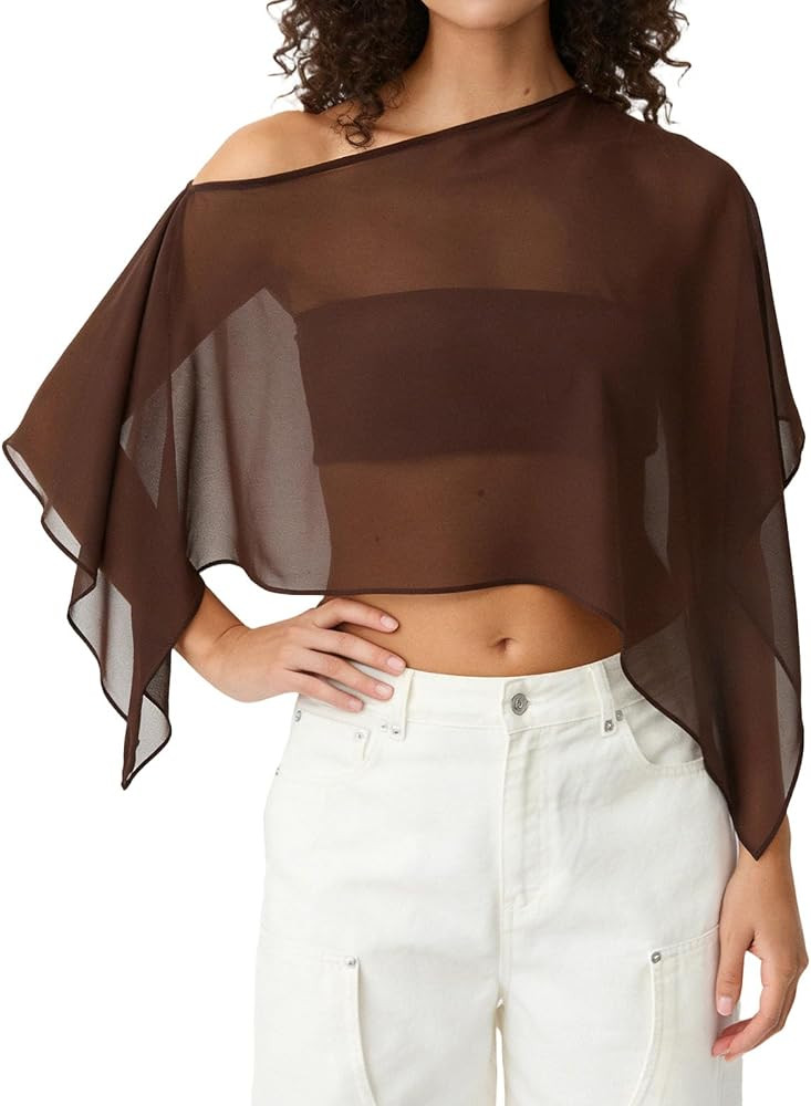 Foidiccx Womens See Through Sheer Mesh Asymmetrical Cape Poncho Top Loose Summer Shrug Elegant Ch... | Amazon (US)