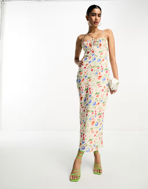 Pretty Lavish tie midaxi slip dress in ivory dainty floral | ASOS (Global)