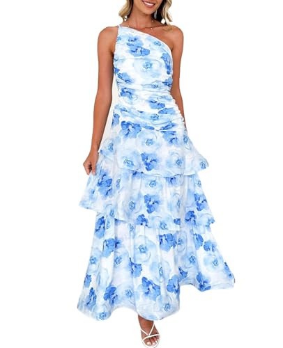 ThCreasa Womens Floral One Shoulder Maxi Dress Tiered Ruffle Sleeveless Summer Beach Party Long Dresses Blue M | Amazon (US)