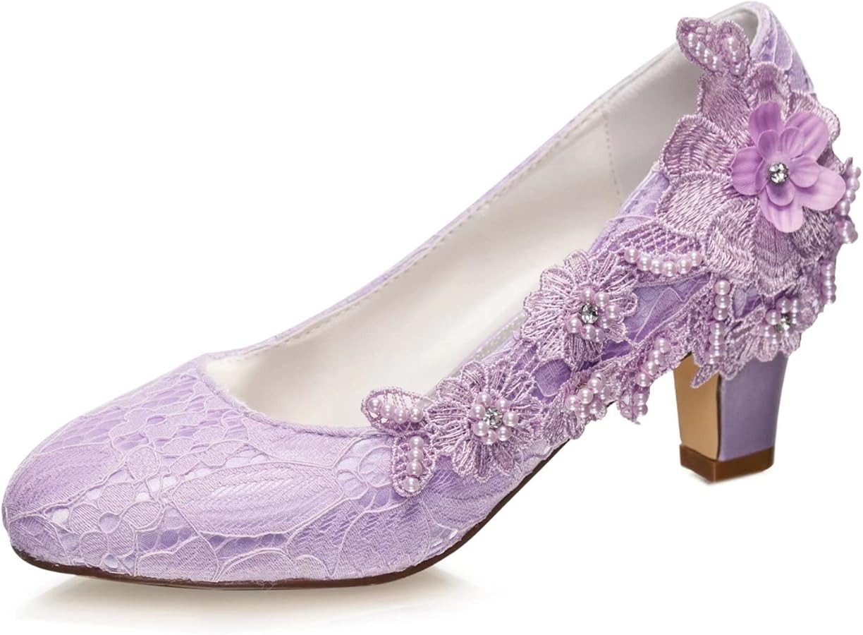 Emily Bridal Wedding Shoes Women's Silk Like Satin Chunky Heel Pumps with Stitching Lace Flower C... | Amazon (US)