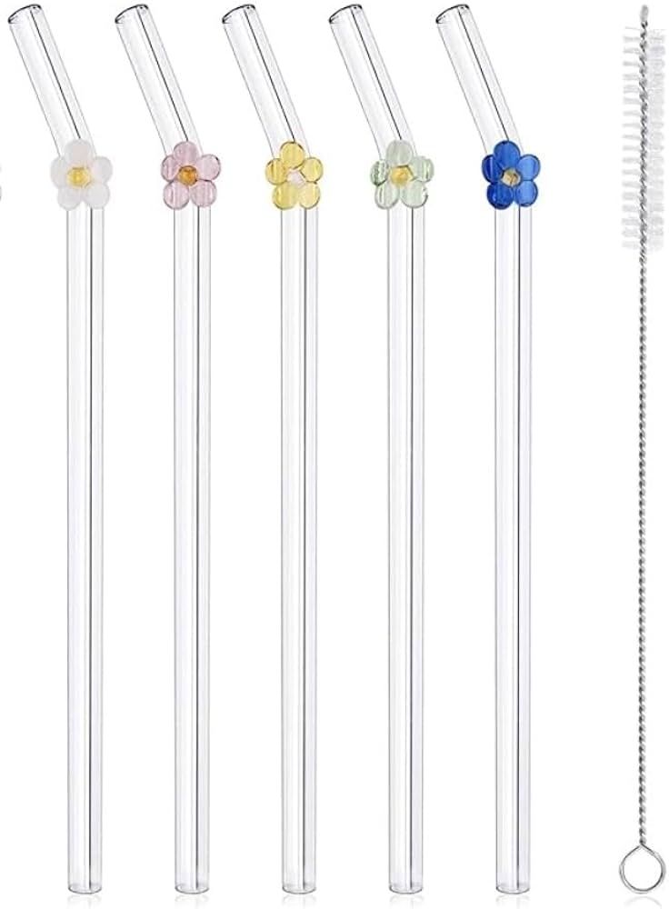 Homely Hues - 5 Pack Reusable glass flower straw with 1 cleaning brush | Dishwasher safe | Easy t... | Amazon (US)