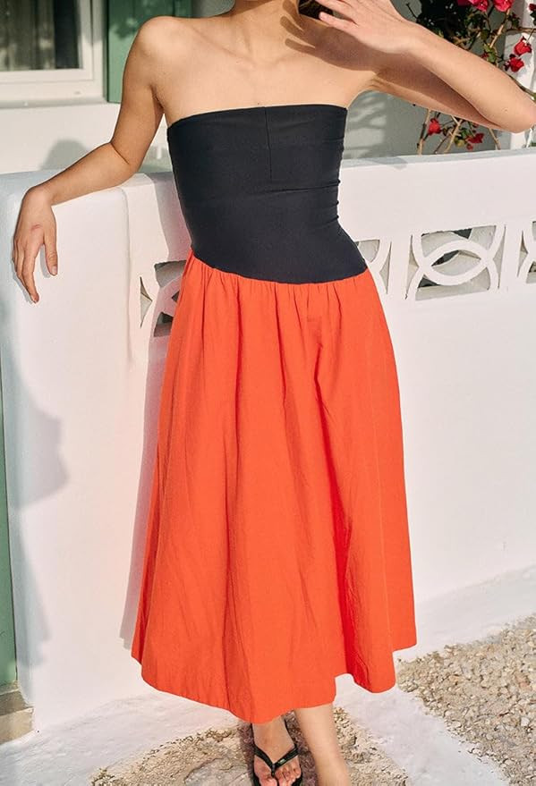 Women's Summer Strapless Midi Dress Corset Tube Patchwork Ruffle Wedding Guest Party Dress One Pi... | Amazon (US)