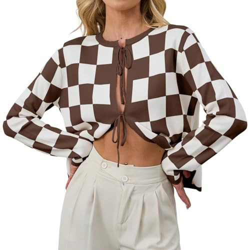 calbatic Women Long Sleeve Checkered Bow Tie Cardigan Plaid Color Block Sweater Open Front Hollow Out Knit Jacket Coats Brown | Amazon (US)