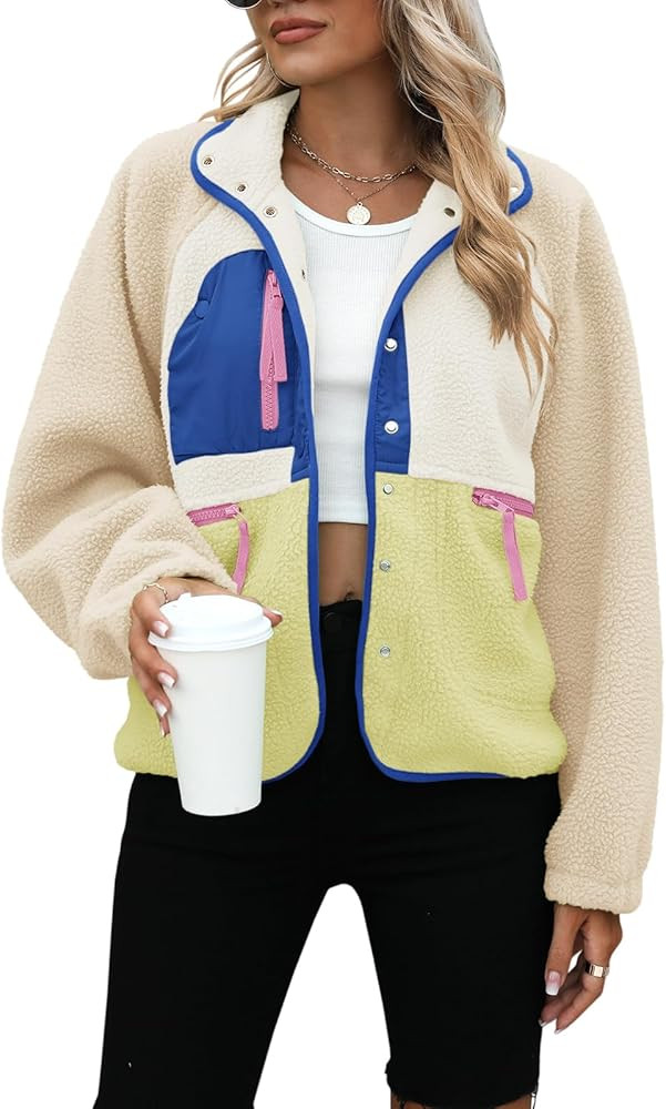 Yanekop Womens Fleece Jacket Fuzzy Long Sleeve Short Coats Button Down Sherpa Outerwear with Pock... | Amazon (US)