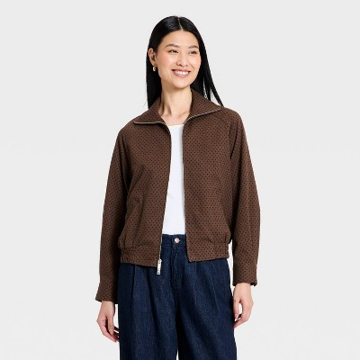 Women's Mock-Neck Full Zip Bomber Jacket - A New Day™ Brown Dot XS | Target