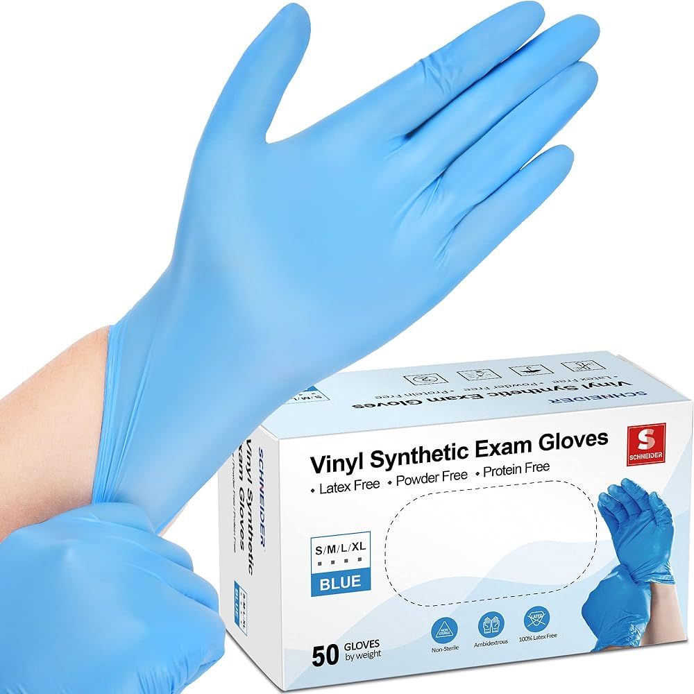 Schneider Vinyl Synthetic Exam Gloves, Blue, 4mil, Powder-Free, Latex-Free, Disposable Glove for ... | Amazon (US)