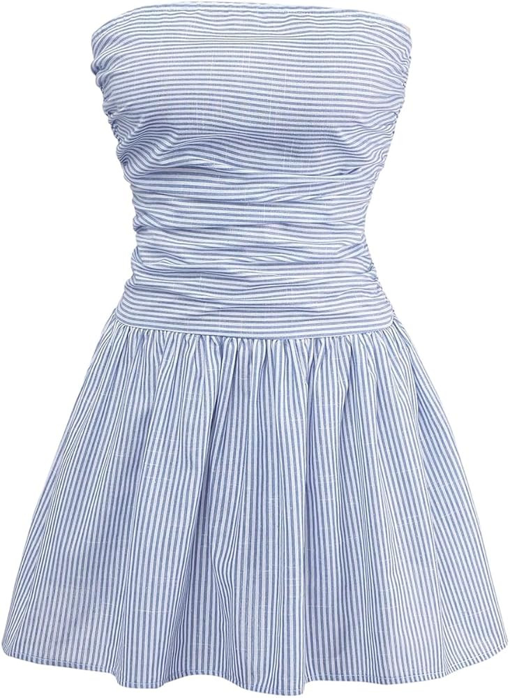 WDIRARA Women's Striped Strapless Fit and Flare Tube Top Dress Y2K Ruched Shirred Ruffle Mini Dre... | Amazon (US)