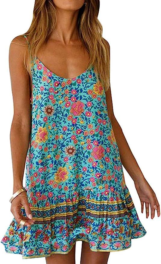 Womens Boho Floral Printed Dress Summer Sleeveless Adjustable Strap Beach Mini Dress with Pockets | Amazon (US)