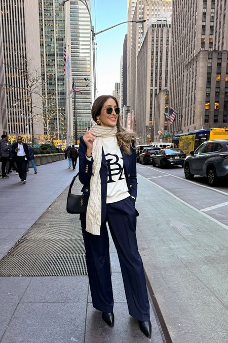 New York chic outfit idea 
Comfortable western boots , navy blue pants, navy blue oversized blazer and sweater 
Wearing a size XS on tops and size small on bottoms 

#LTKworkwear #LTKstyletip #LTKtravel
