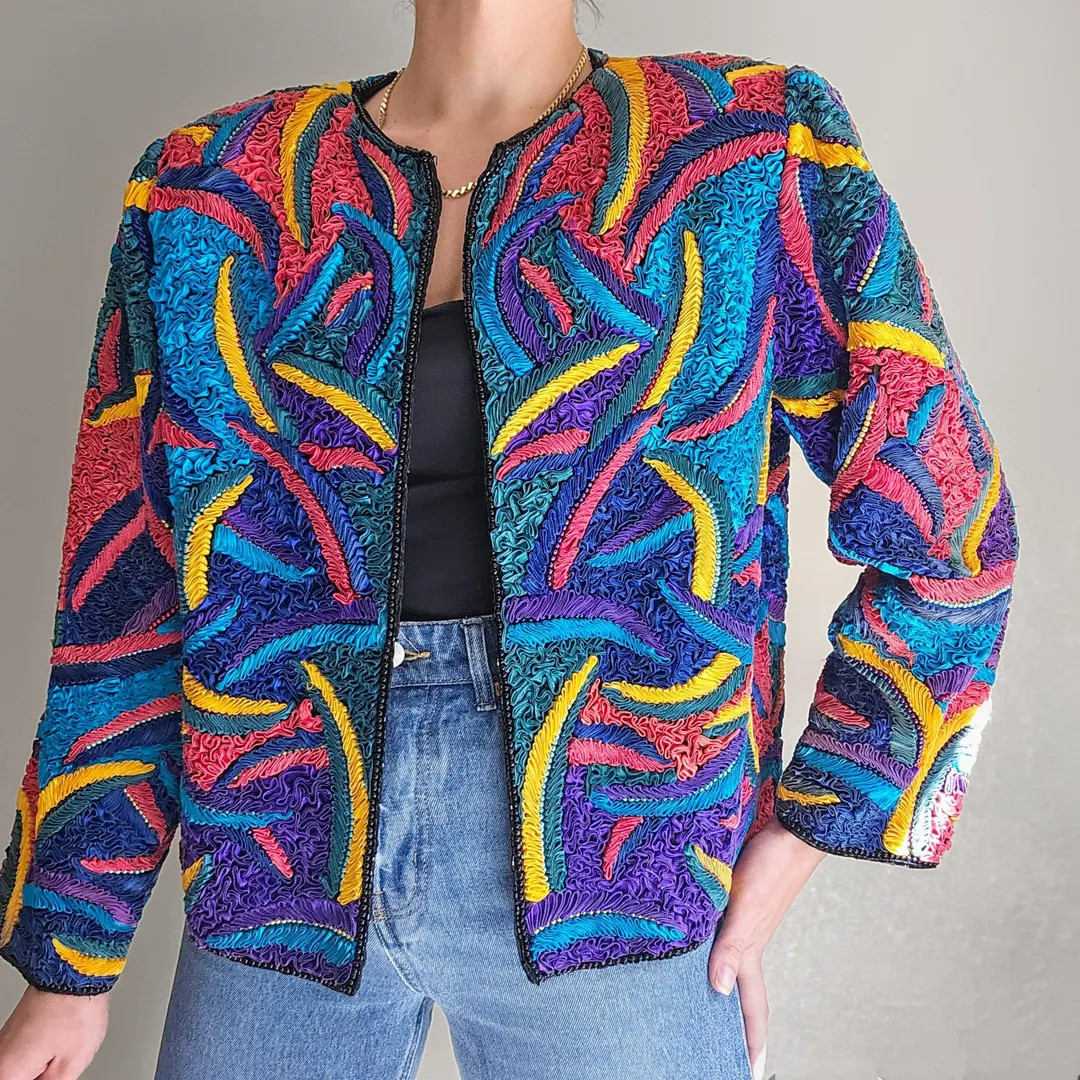 Multicolor Silk Sculpted Jacket, Vintage Textured Beaded Blazer, 1980s Funky Psychedelic Boxy Cut... | Etsy (US)