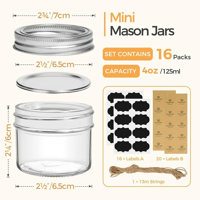 ComSaf Mini Mason Jars 4oz - 16 Pack, Regular Mouth Mason Jar with Lids and Seal Bands, Small Gla... | Walmart (US)