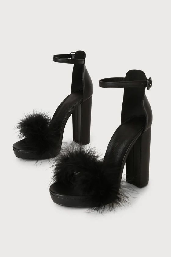 Dalilah Black Feather Ankle Strap High Heel Platform Sandals | Lulus (US)