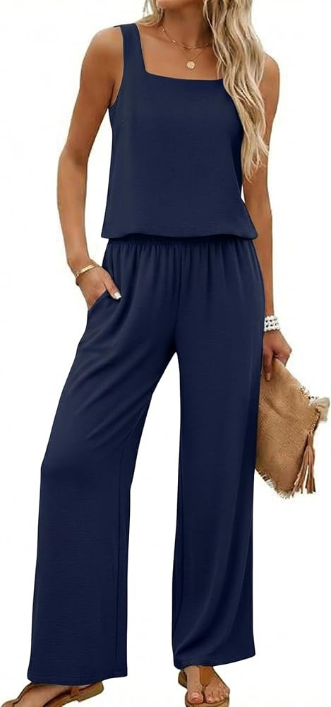 Lepunuo Women Summer 2 Piece Sets Square Neck Sleeveless Crop Tops Wide Leg Pants Matching Sets T... | Amazon (US)