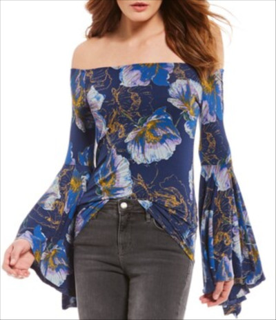 Free People Printed Birds Of Paradise Off-the-Shoulder Bell Sleeve Knit Top