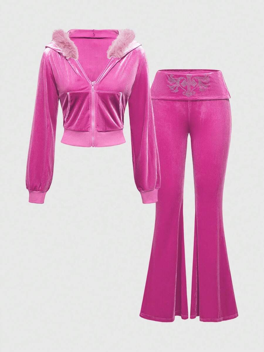 ROMWE Grunge Punk Spring Valentine's Day Pink Y2K Velvet Cropped Hoodie And Low-Rise Flare Pants ... | SHEIN