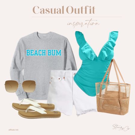 This casual summer outfit is perfect for your beach days! I’ve paired a beach bum sweatshirt with a turquoise one piece bathing suit and white denim shorts. I’ve finished the look with Reef sandals, a beach tote bag, and gold rimmed sunglasses. 

Ootd, summer outfit, beach outfit, vacation outfit, Amazon fashion, mom friendly bathing suit 

#LTKfindsunder50 #LTKswim #LTKstyletip