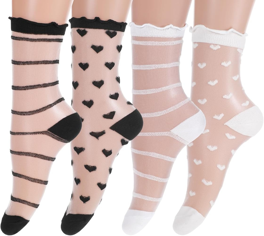 4 Pairs Sheer Socks Women, Striped Heart Sheer Ruffle Socks, Mesh Ankle Socks Nude Stocking, Wome... | Amazon (US)