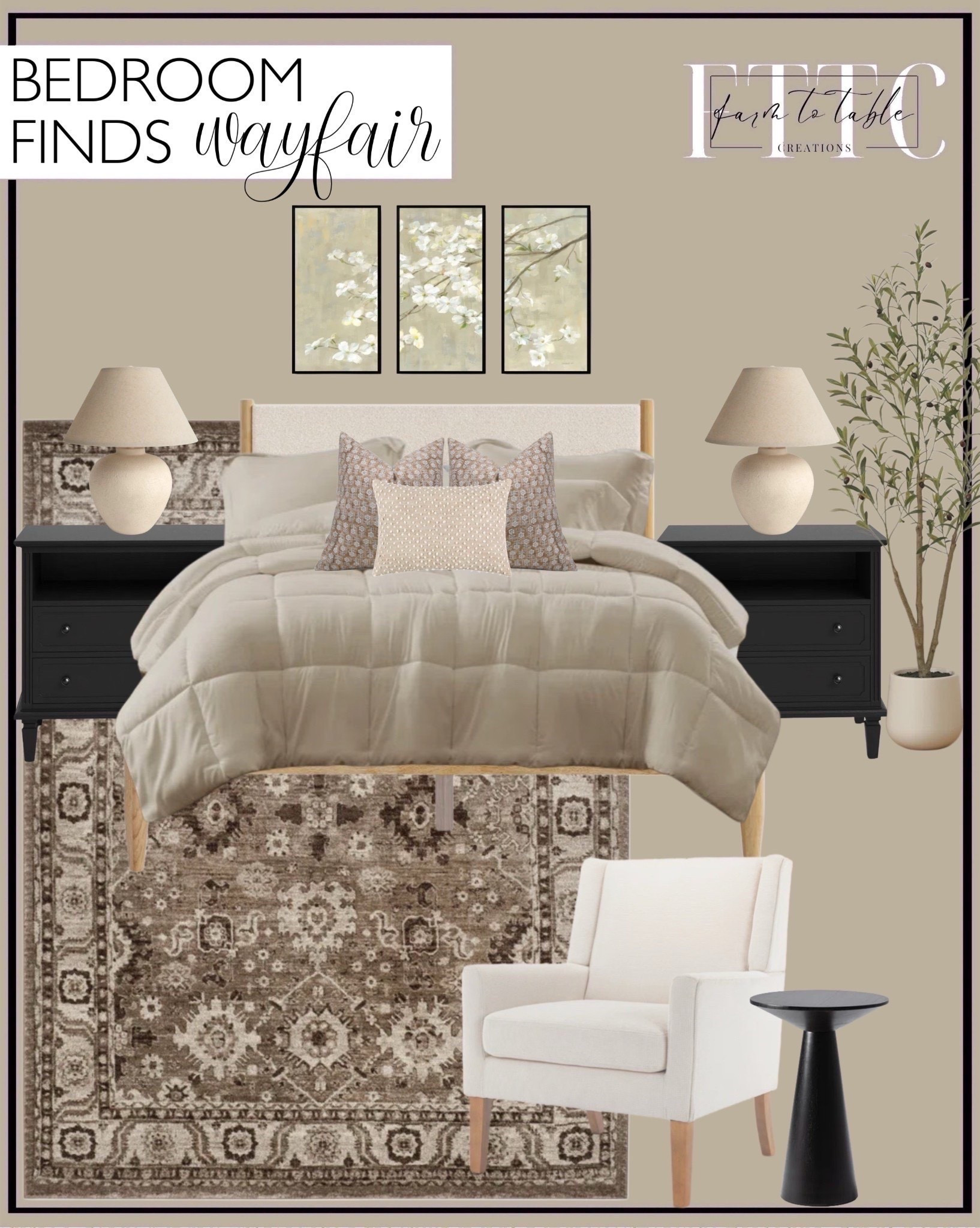 Wayfair Bedroom Finds. Follow @farmtotablecreations on Instagram for more inspiration.

Oriental Rug. Solid wood upholstered boucle bed frame. Two drawer nightstand. Upholstered Armchair. Solid wood end table. Olive Tree with planter. Hive Resin Table Lamp. Comforter Set. Pillow Cover. Reversible lumbar pillow. Framed Artwork. 

Cozy Bedroom | Spring Decor | Entryway Decor | Bedroom Furniture | nightstands | Home Decor| Fireplace Decor | Spring Refresh |  Bedroom Finds | Neutral Stems | Spring Stems | Bookshelf Decor | Bedroom Space | Cozy Corner | Bathroom | Curated Entryway | Spring  Decor | End of Year Clearance | Trending Decor | Viral Decor  | Coffee Table Decor | Neutral Decor | Stem Sale | Target Finds | Skinny Bench | Bedroom | Living Room | Breakfast Nook | Amazon Home | Target Sale | Loloi Rugs | Magnolia Home | console table | console table styling | faux stems | entryway space | front porch decor | neutral decor | entryway decor | cozy home | affordable decor |  home decor | home inspiration | console styling | entryway rug | cozy moody home | moody home decor | neutral home | bathroom decor | living room | spring decor | Hearth & Hand | Studio McGee | 2025 Home Trends | trending home |  




#LTKHome #LTKFindsUnder50 #LTKSaleAlert