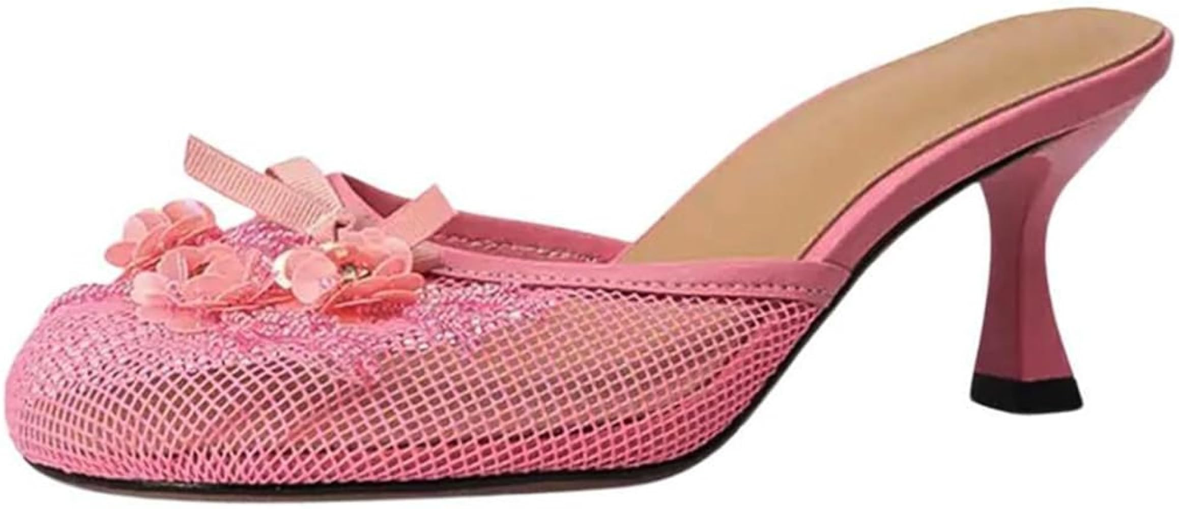 Goolita Summer Flower Beaded Mesh Mule Heels For Women, Closed Round Toe Slingback Kitten Heels B... | Amazon (US)