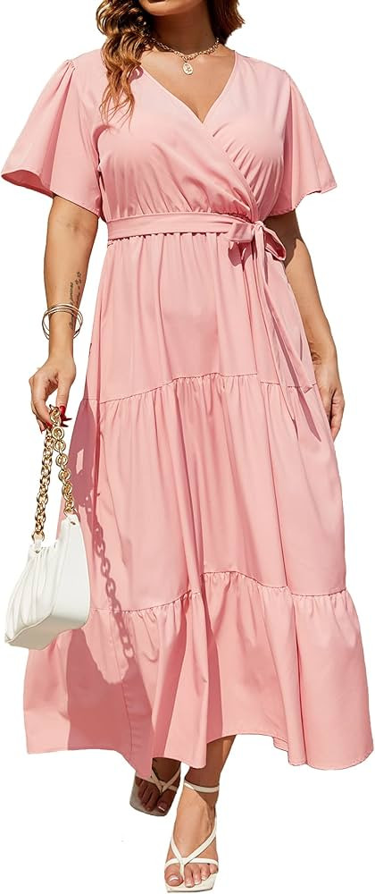 KOJOOIN Women Plus Size V Neck Wrap Maxi Dress Short Sleeves High Waist Ruffle Summer Casual Dres... | Amazon (US)