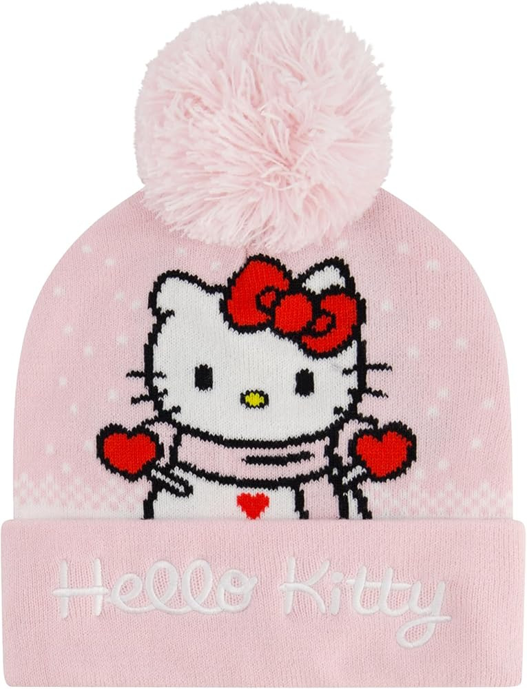 Hello Kitty Beanie Hat, Adult Women's Cuffed Knit Cap with Pom, Snowman Design, Pink, One Size | Amazon (US)