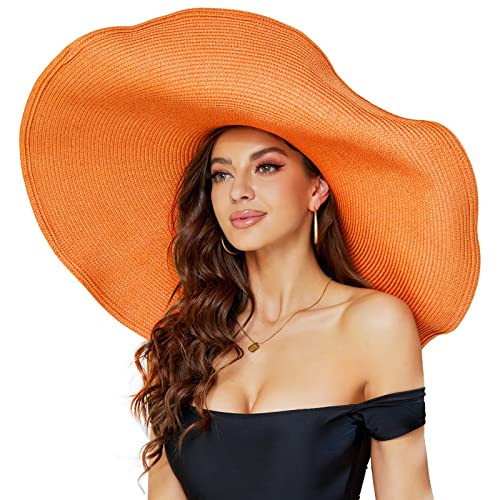 Oversized Beach Straw Hat for Women, Fashion Large Wide Brim Visor Hats Handmade Roll Up Floppy Sun Hat for Summer Beach Cap Orange | Amazon (US)