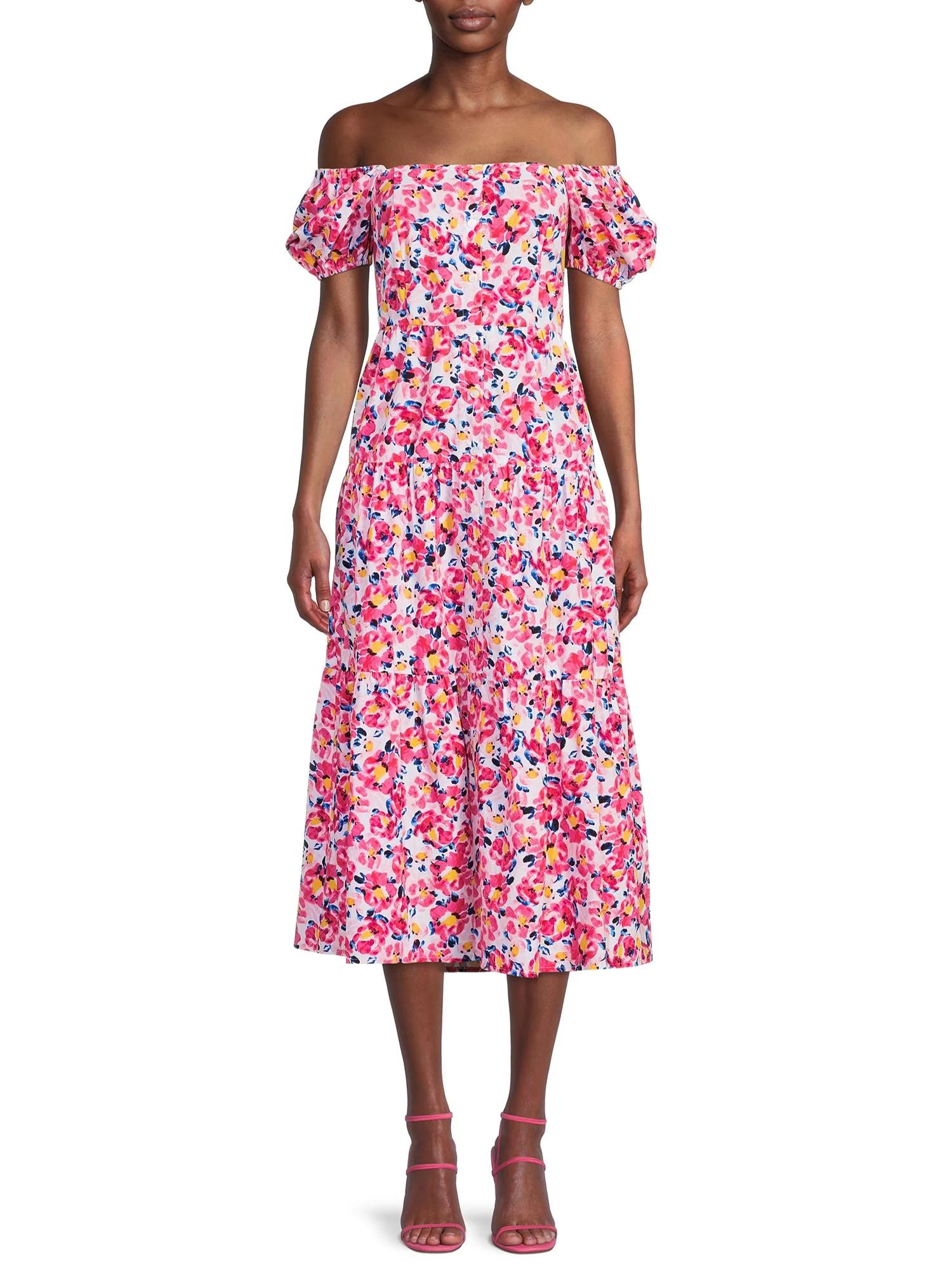 Time and Tru Women's Button Front Short Sleeve off Shoulder Dress - Walmart.com | Walmart (US)