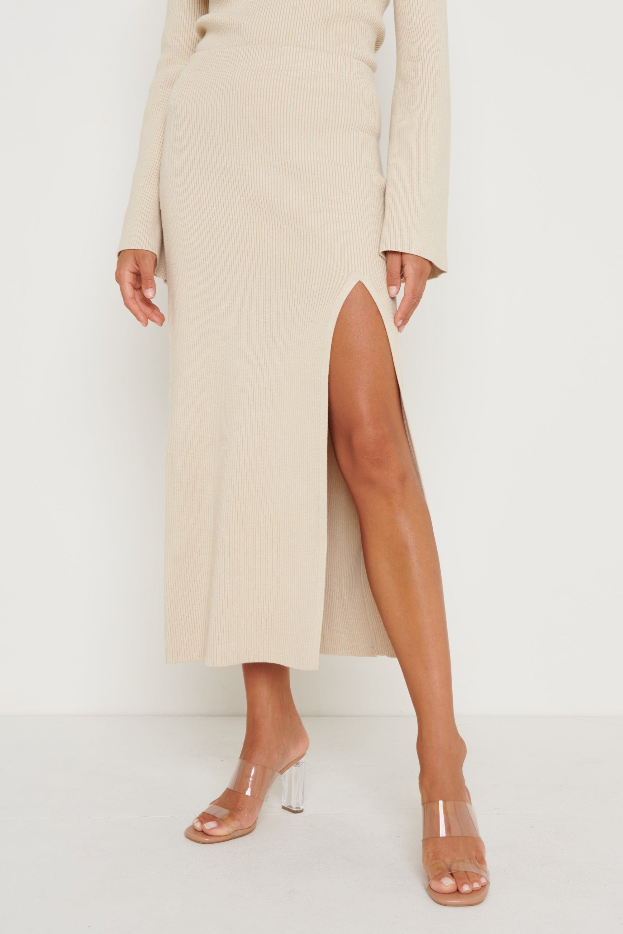 Blythe Slit Knit Skirt - Beige | Pretty Lavish (UK)