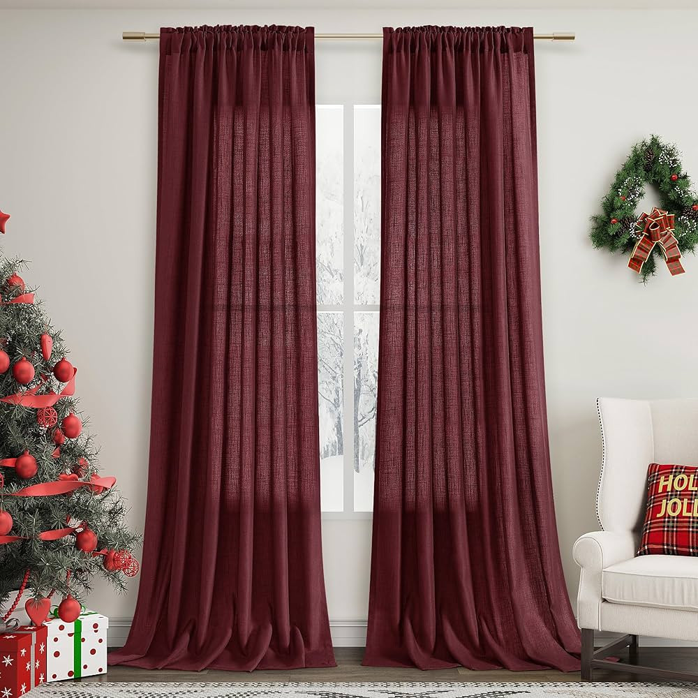 Guken Burgundy Linen Curtains 96 Inches Long for Living Room Rod Pocket Light Filtering Farmhouse... | Amazon (US)