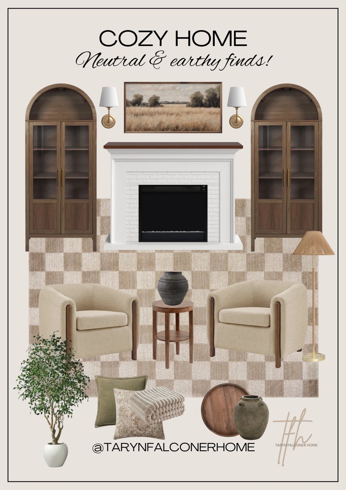 Neutral & earthy finds!
Create a cozy space with these affordable home finds🤎

#cozyhome #neutralhome #archedcabinet #fireplace #rug #accentchair #accenttable #fauxtree #homedecor

#LTKHome