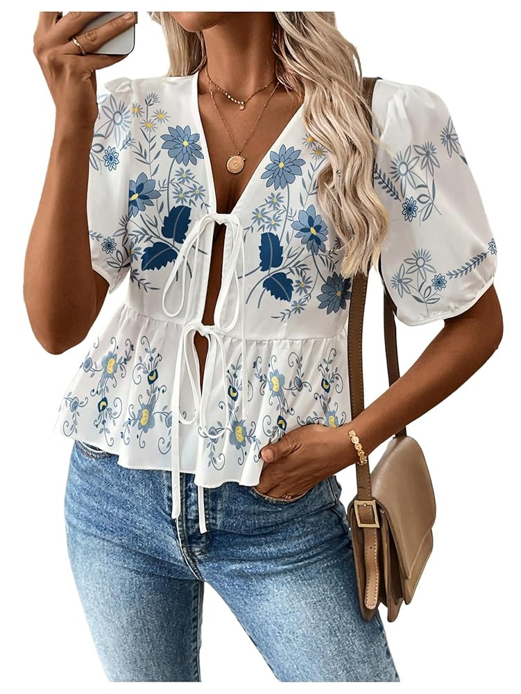GORGLITTER Women's Floral Short Puff Sleeve Tie Front Tops V Neck Ruffle Peplum Babydoll Blouse | Amazon (US)