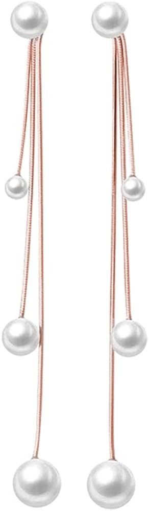 SLUYNZ Sterling Silver Pearls Dangle Earrings Chain for Women Teen Girls Wedding Dangle Earrings ... | Amazon (US)