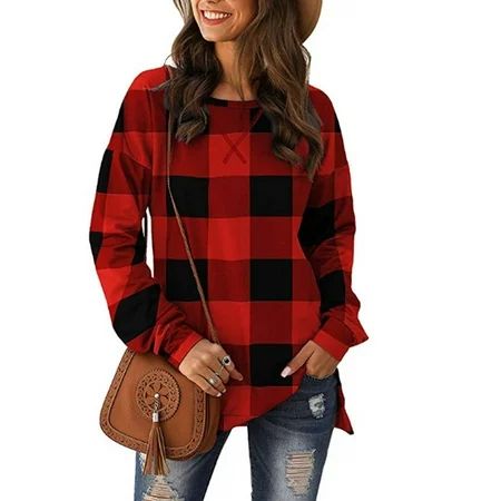 Lumento Women Long Sleeve Buffalo Plaid Tops Crew Neck Pullover T Shirts Blouses | Walmart (US)