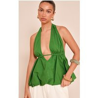 Green Woven Plunge Halter Neck Puffball Top | PrettyLittleThing US