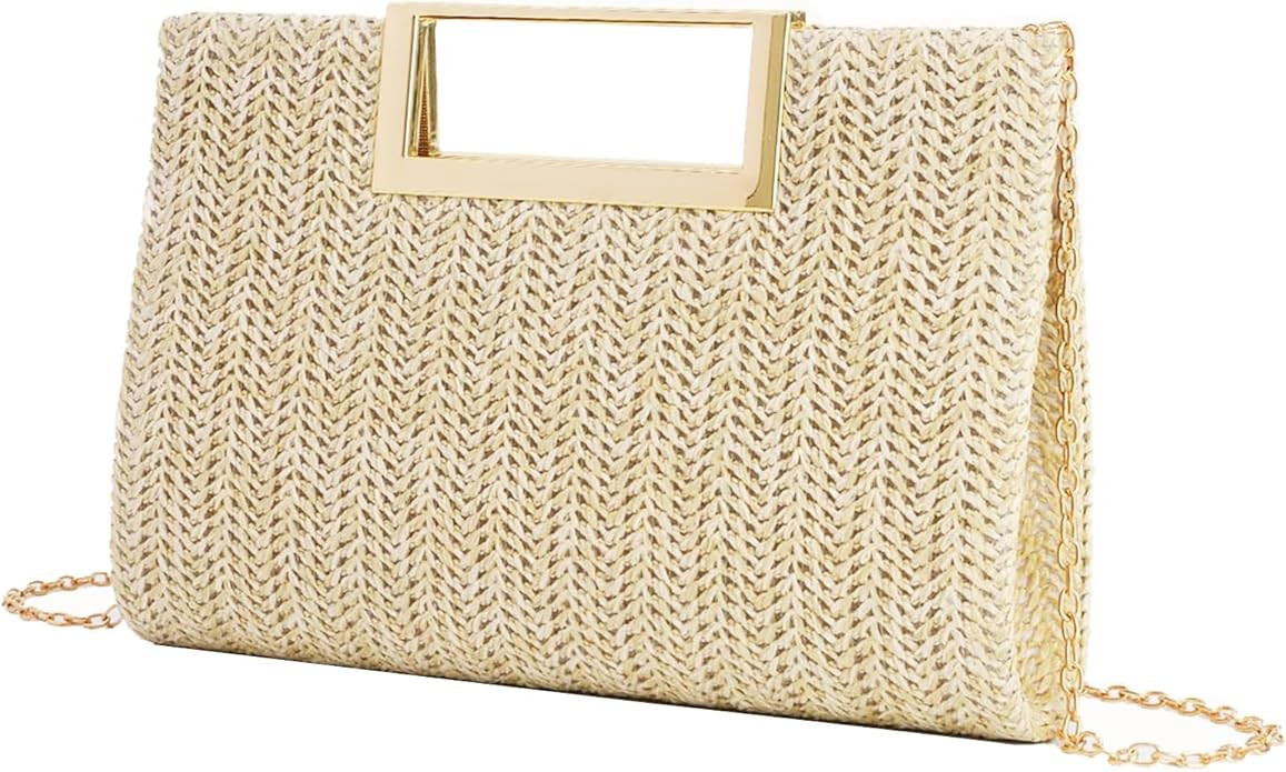 Straw Clutch Top Handle Purse for Women, Small Evening Purse Chain Shoulder Crossbody Bag for Wed... | Amazon (US)