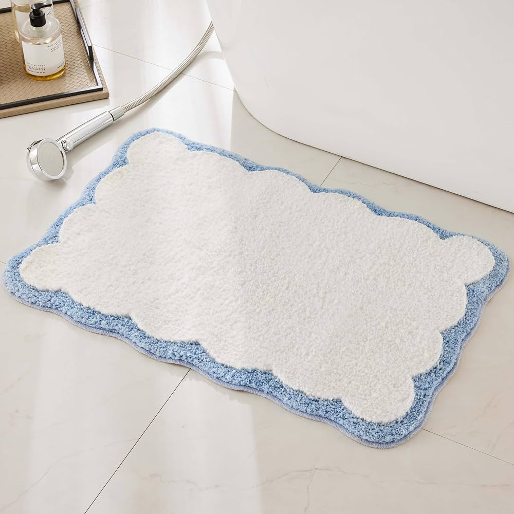 Luxury Microfiber Bathroom Rugs, White Bath Rug with Blue Scalloped Piping Cute Aesthetic Preppy ... | Amazon (US)