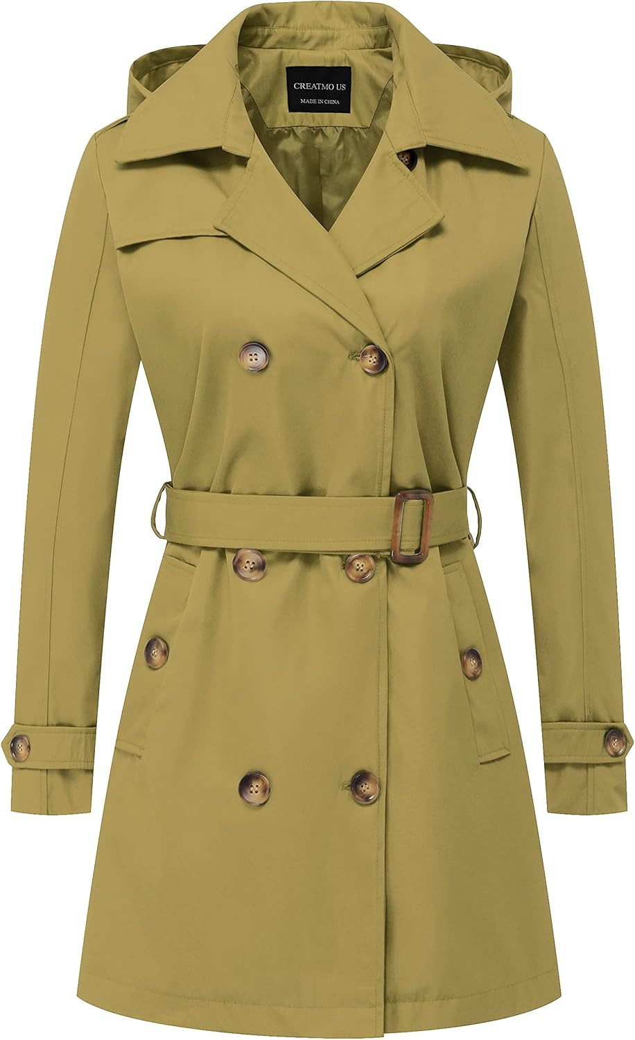 Women's Trench Coat Double-Breasted Classic Lapel Overcoat Belted Slim Outerwear Coat with Detachable Hood | Amazon (US)