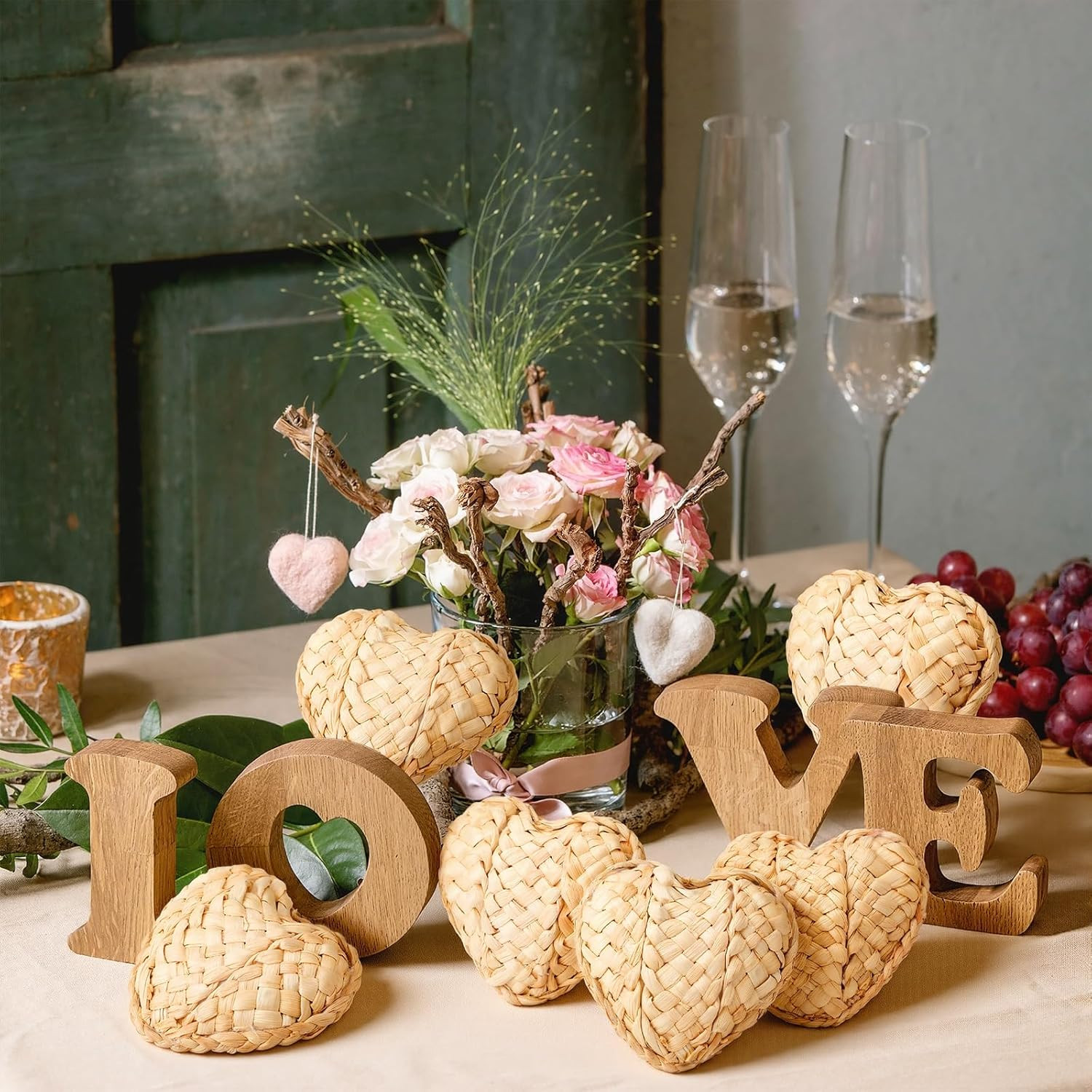 Chunful 6 Pcs Rustic Valentine's Day Rattan Heart Ornaments Boho Farmhouse Woven Wicker Large Bow... | Amazon (US)