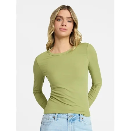 No Boundaries Crew Ribbed Tee with Long Sleeves, Women's XXS-XXL | Walmart (US)
