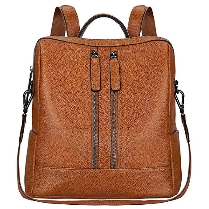 S-ZONE Women Genuine Leather Backpack Casual Shoulder Bag Purse Medium (Brown) | Amazon (US)