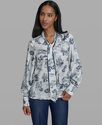 KARL LAGERFELD PARIS Women's Long Sleeve Tie Neck Printed Blouse - Macy's | Macy's