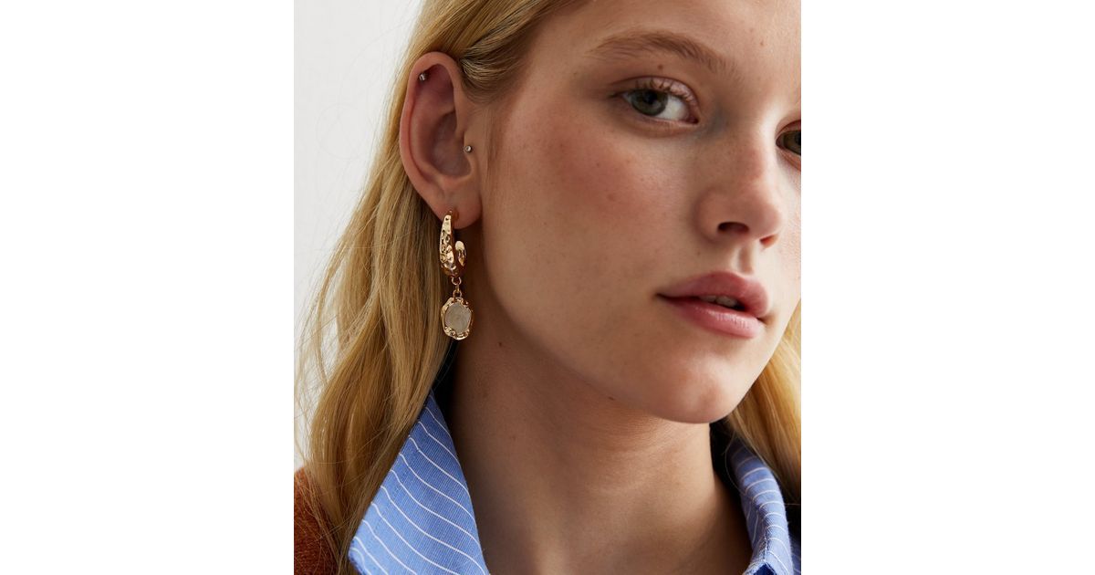 Gold Semi Precious Textured Hoop Earrings | New Look | New Look (UK)